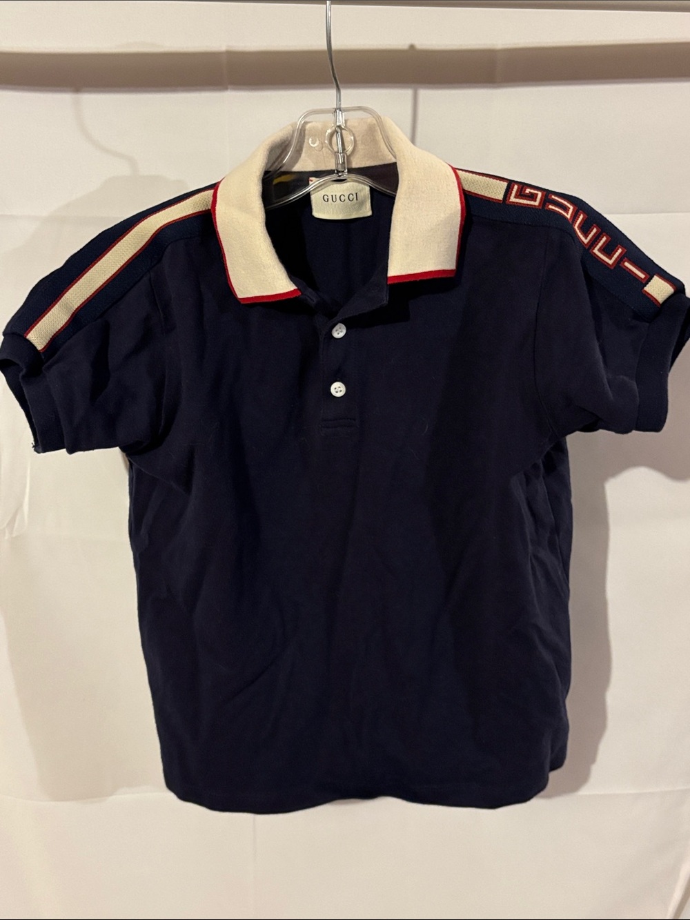 Gucci Boys Navy Polo with Cream Collar and Red Trim